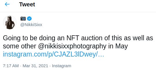 Nikki Sixx, baixista da banda Mötley Crüe, irá explorar suas fotografias em NFT.